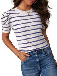 Hazel Blues® |  Striped Round Neck Puff Sleeve Knit Top