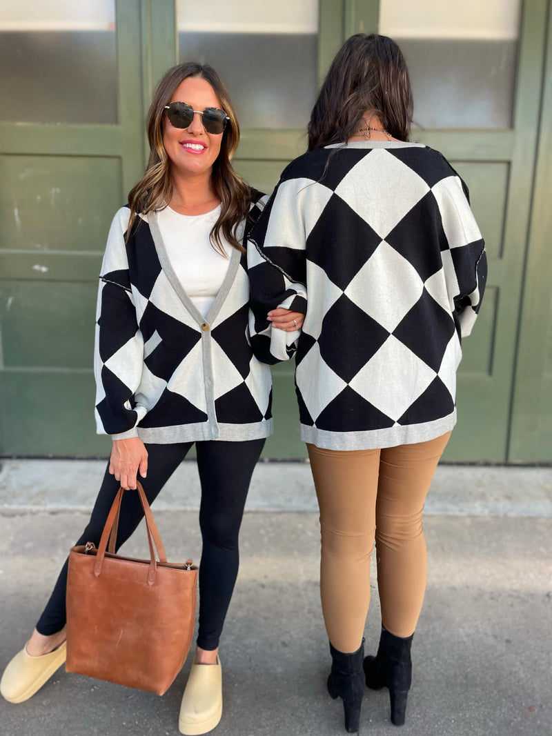 Hazel Blues® |  PREORDER: Contrast Trim Cardigan in Black Checkers