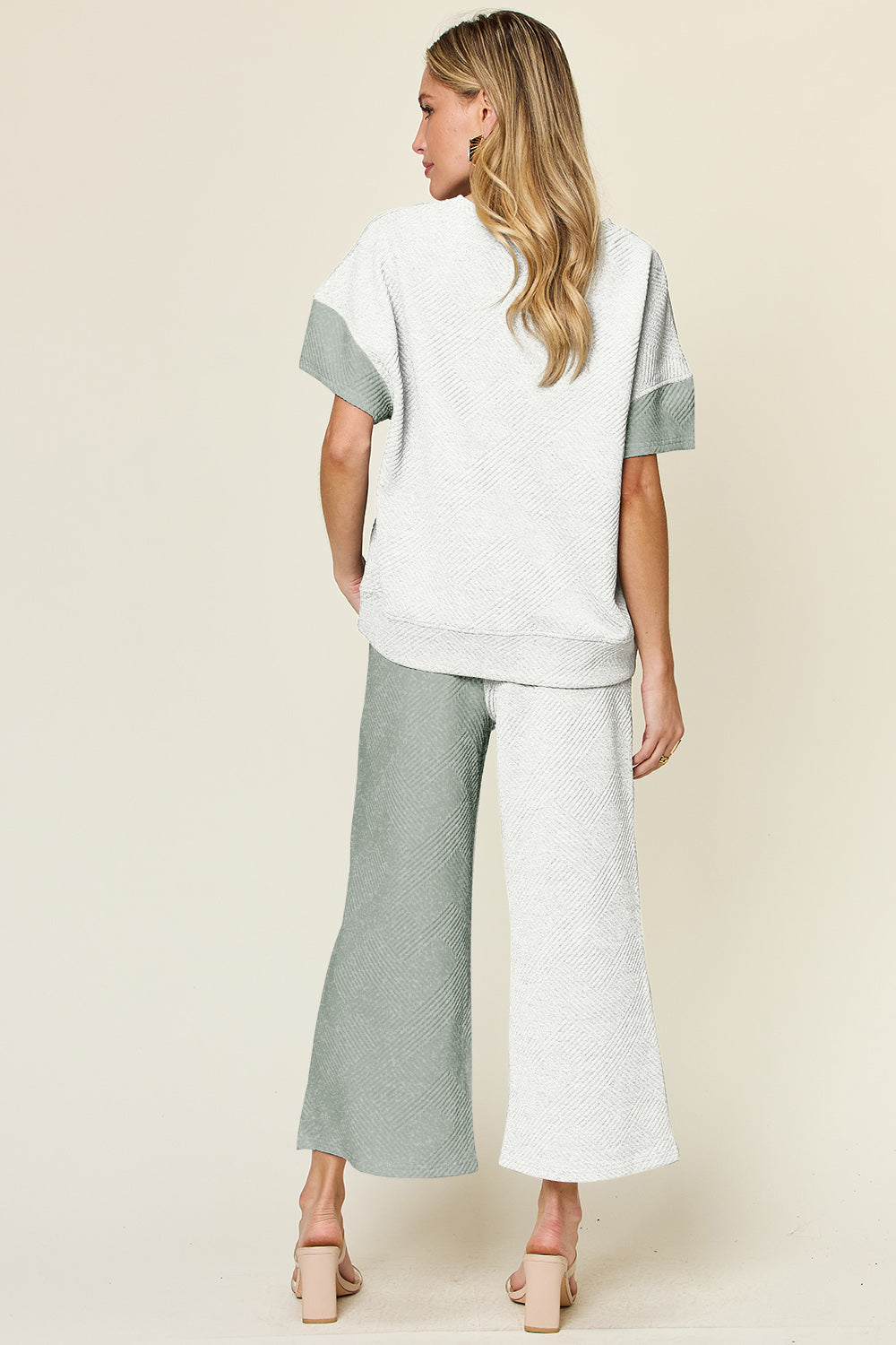 Hazel Blues® |  Double Take Texture Contrast T-Shirt and Wide Leg Pants Set