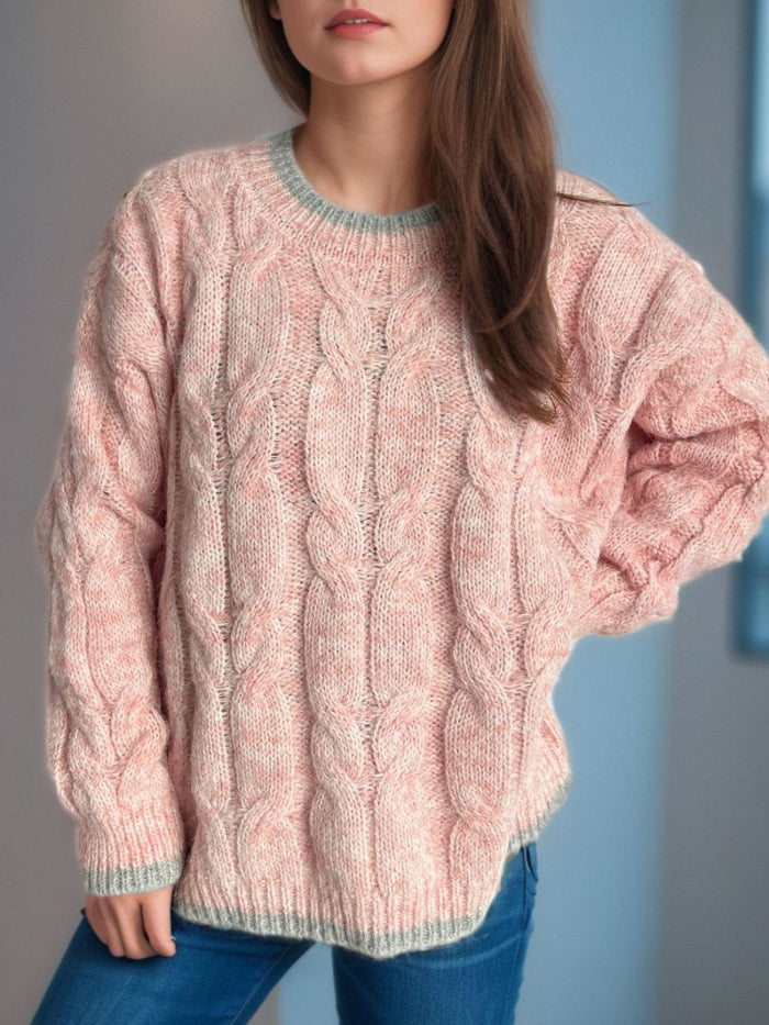 Hazel Blues® |  Cable Knit Round Neck Long Sleeve Sweater