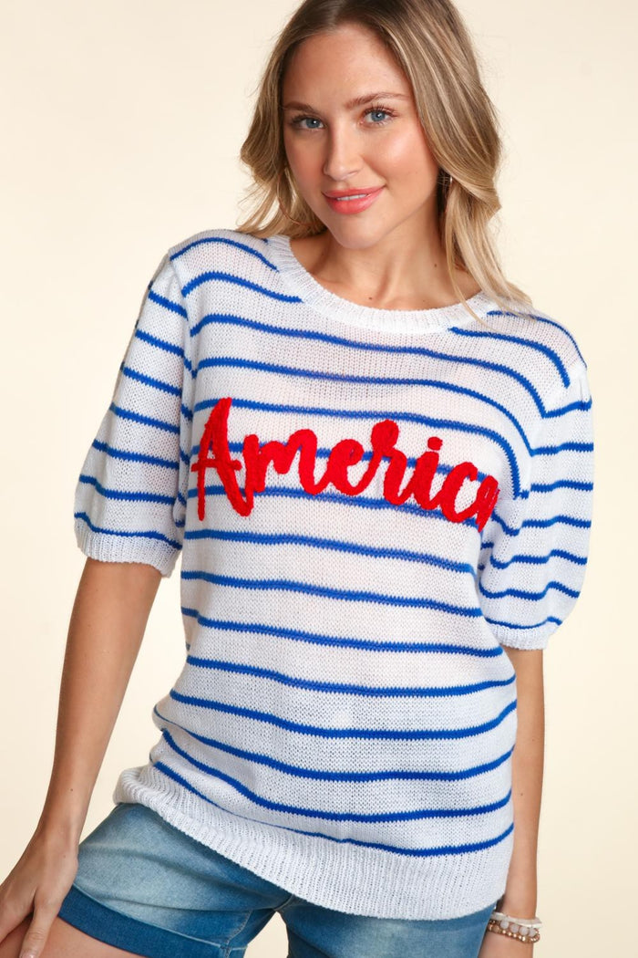 Hazel Blues® |  Haptics Letter Embroidery Striped Knit Top