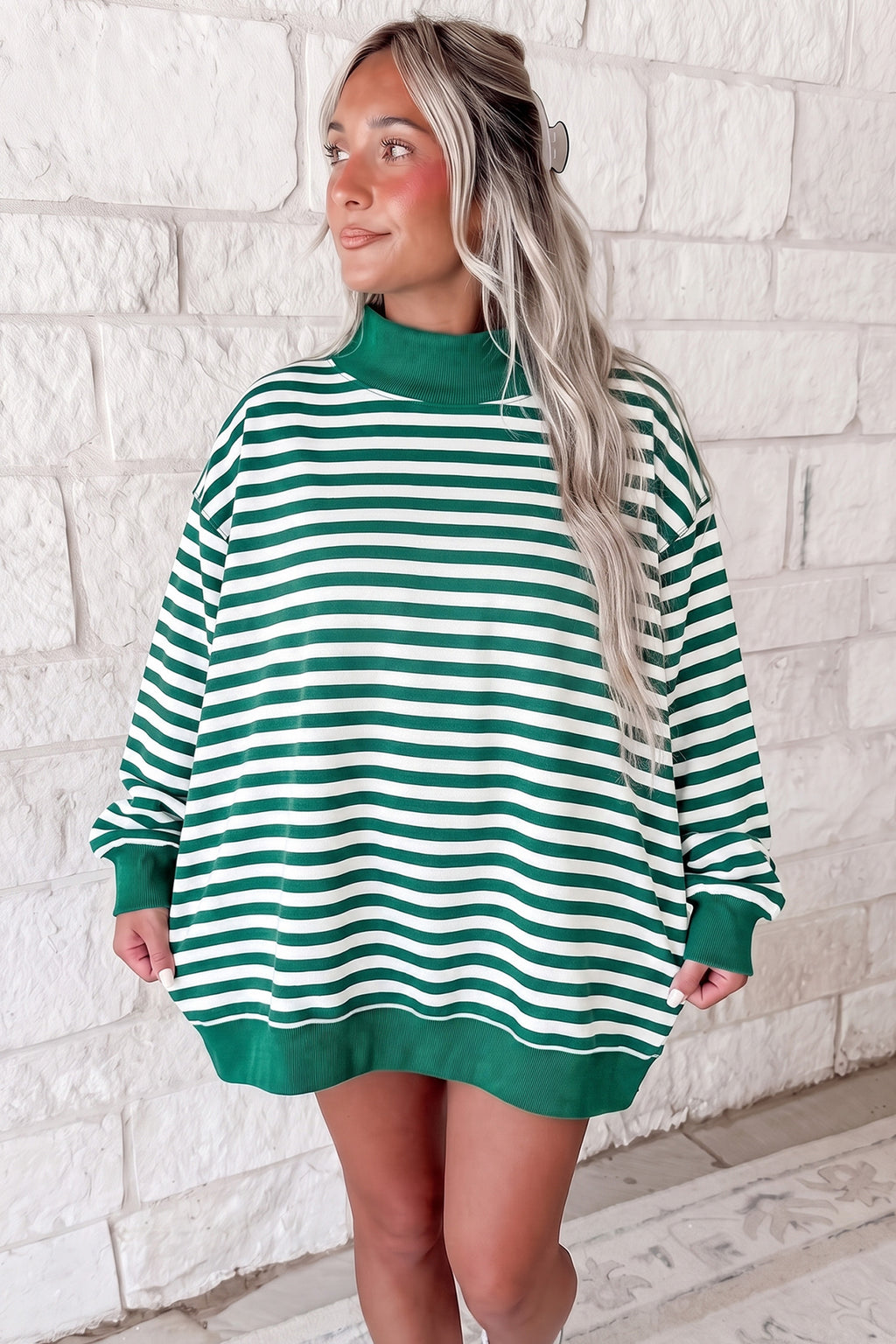 Green Stripe Mock-Neck Tunic Sweatshirt