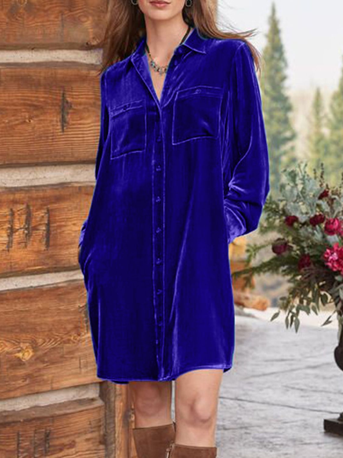 Hazel Blues® |  High-Low Button Up Long Sleeve Knee Length Dress