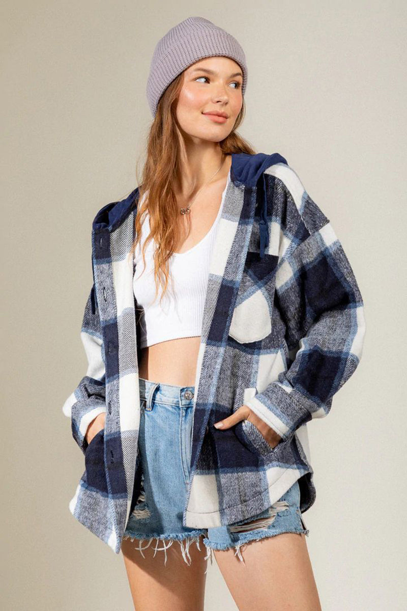 Hazel Blues® |  Drawstring Plaid Dropped Shoulder Hooded Shacket