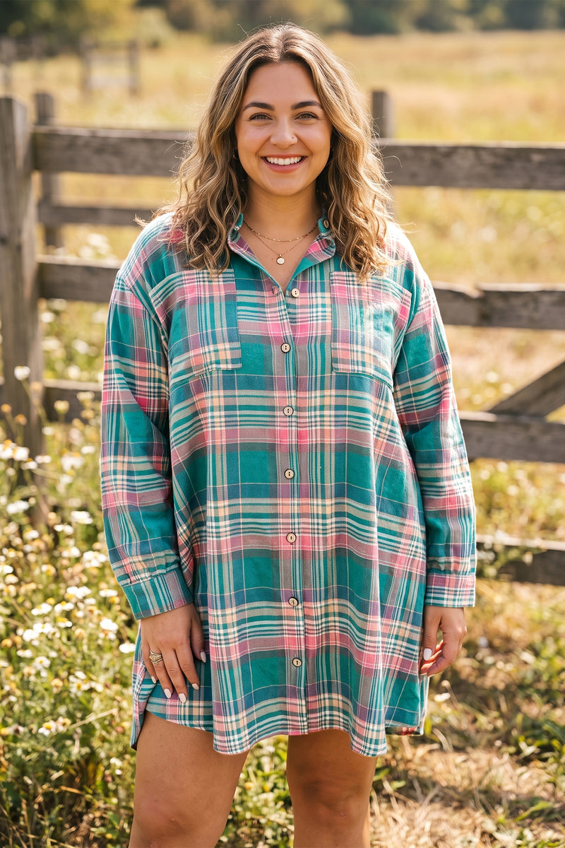 Green Plaid Button-Up Shift Long-Sleeve V-Neck Dress – Hazel Blues®