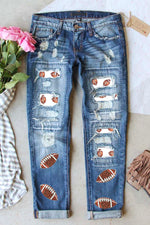 Hazel Blues® |  Sky Blue Sequin Football Patchwork Distressed Straight Leg Jeans