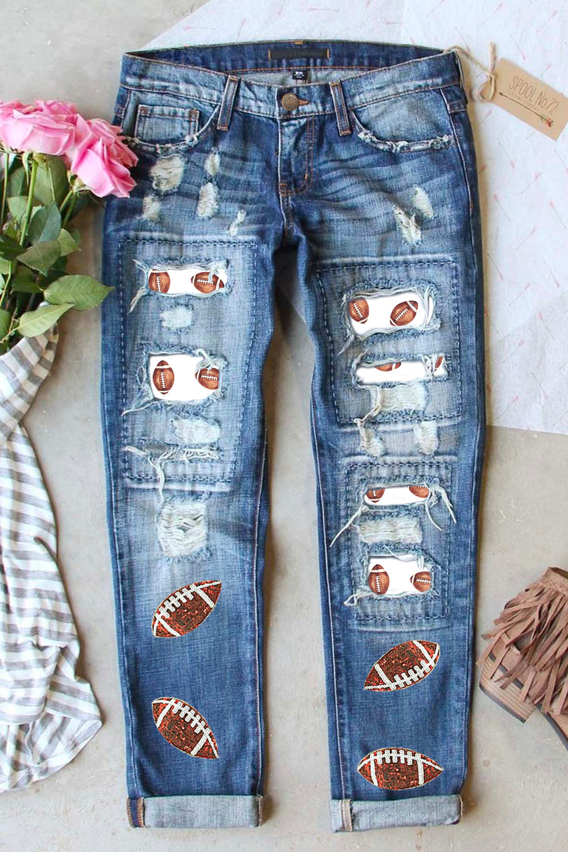 Hazel Blues® |  Sky Blue Sequin Football Patchwork Distressed Straight Leg Jeans