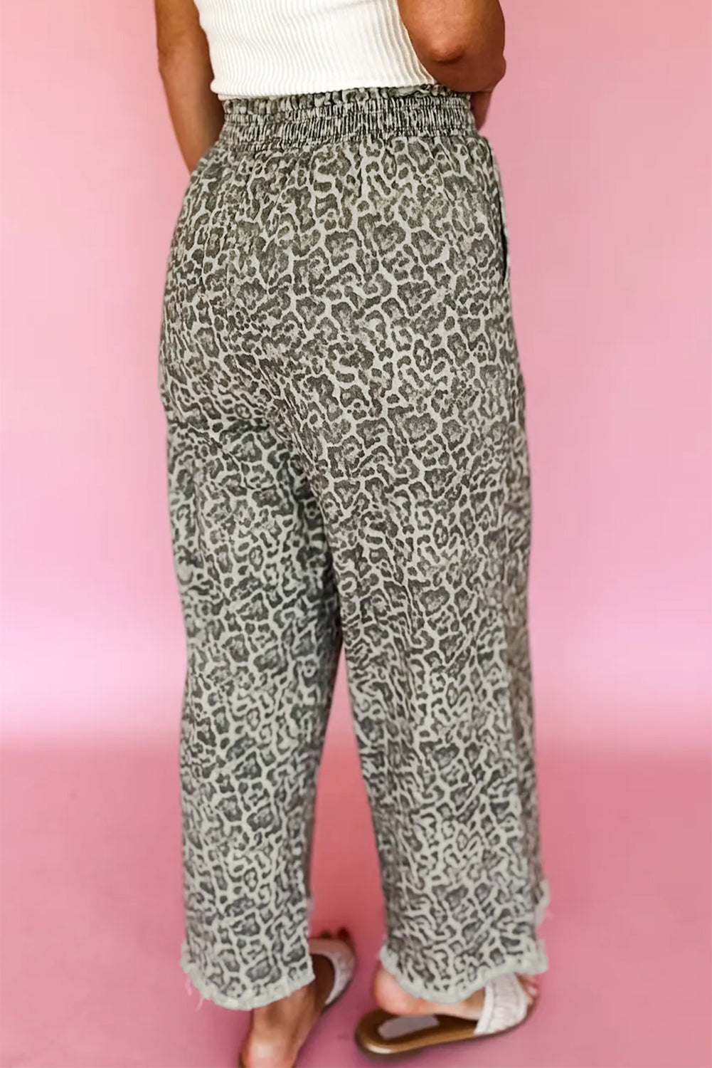 Raw Hem Leopard Print Elastic Waist Loose Pull On Jeans | Leopard Jeans