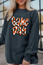 Hazel Blues® |  Dark Blue Chenille Checkered Game Day Graphic Drop Shoulder Corded Sweatshirt