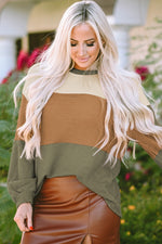 Hazel Blues® |  Waffle-Knit Color Block Round Neck Long Sleeve Blouse