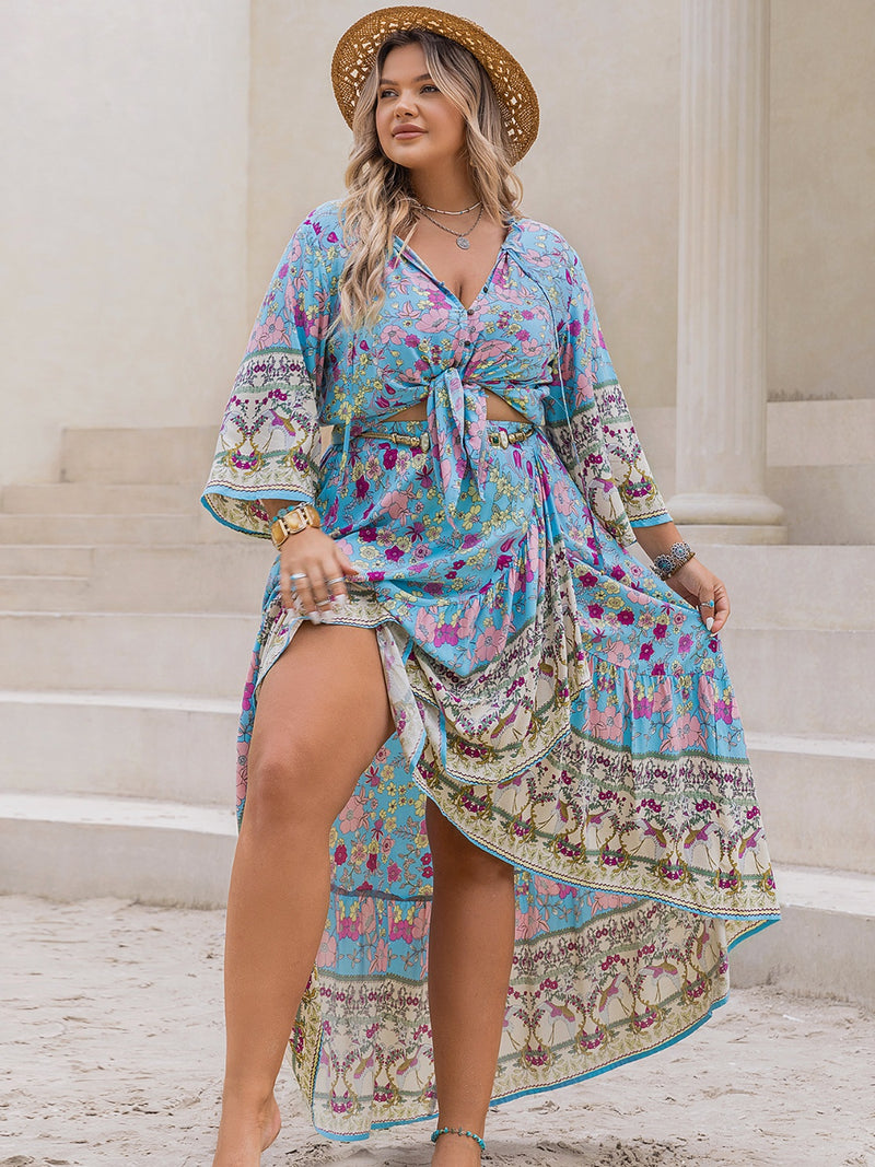 Hazel Blues® | Printed Tie Neck Top and Skirt Set