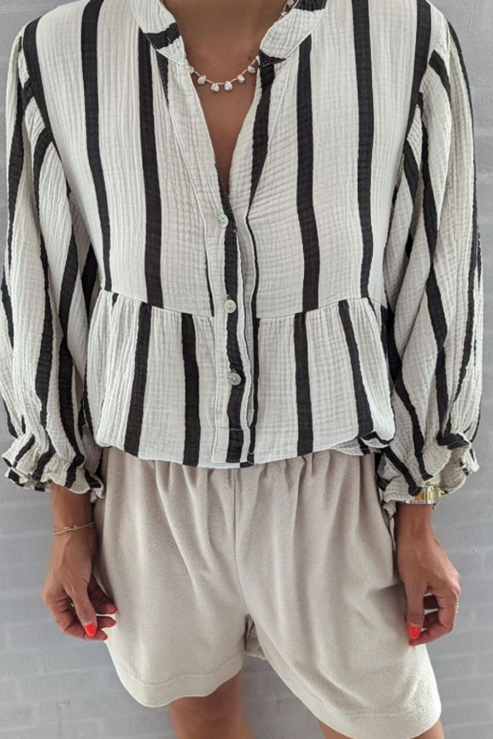 Hazel Blues® |  Striped Notched Three-Quarter Sleeve Blouse