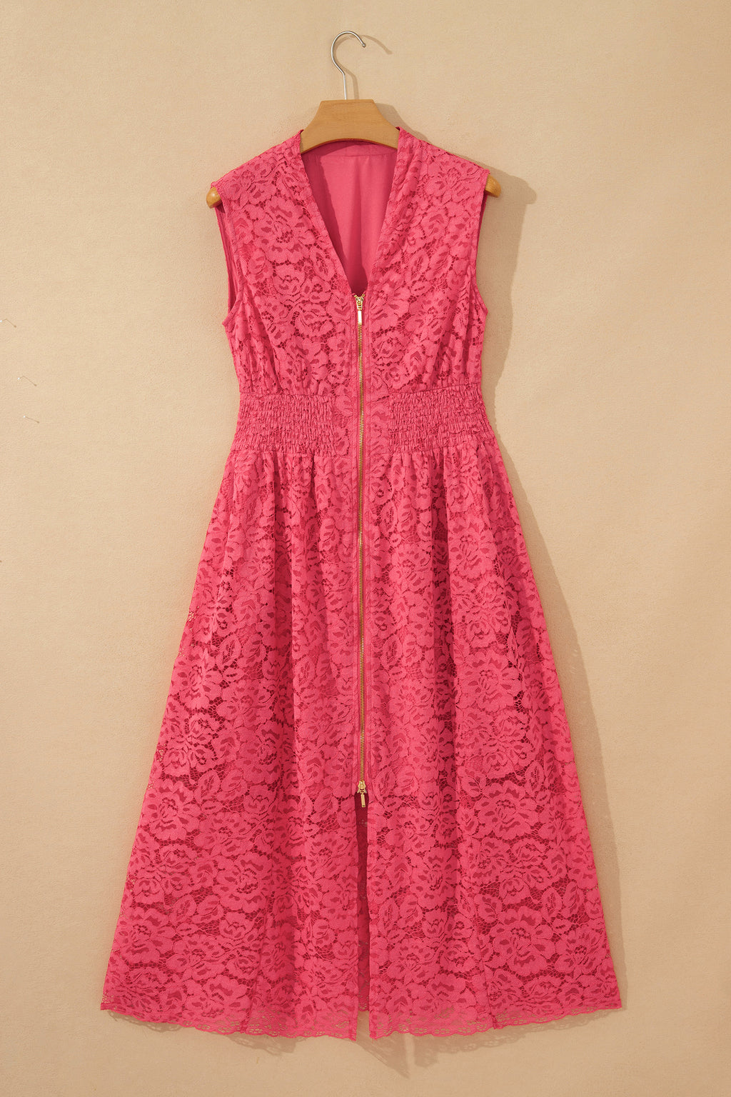 Coral Floral Lace Overlay Zip-Up V-Neck Smocked Waist Sleeveless Dress