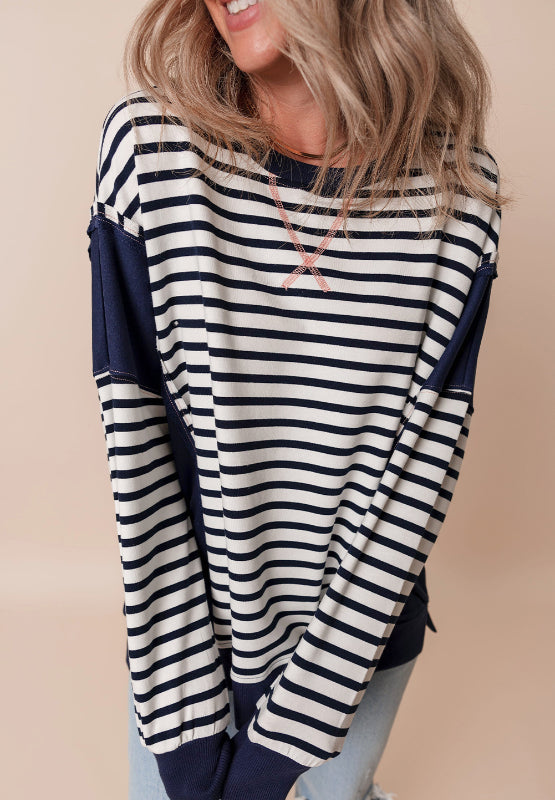 Hazel Blues® |  Exposed Seam Striped Long Sleeve Sweatshirt