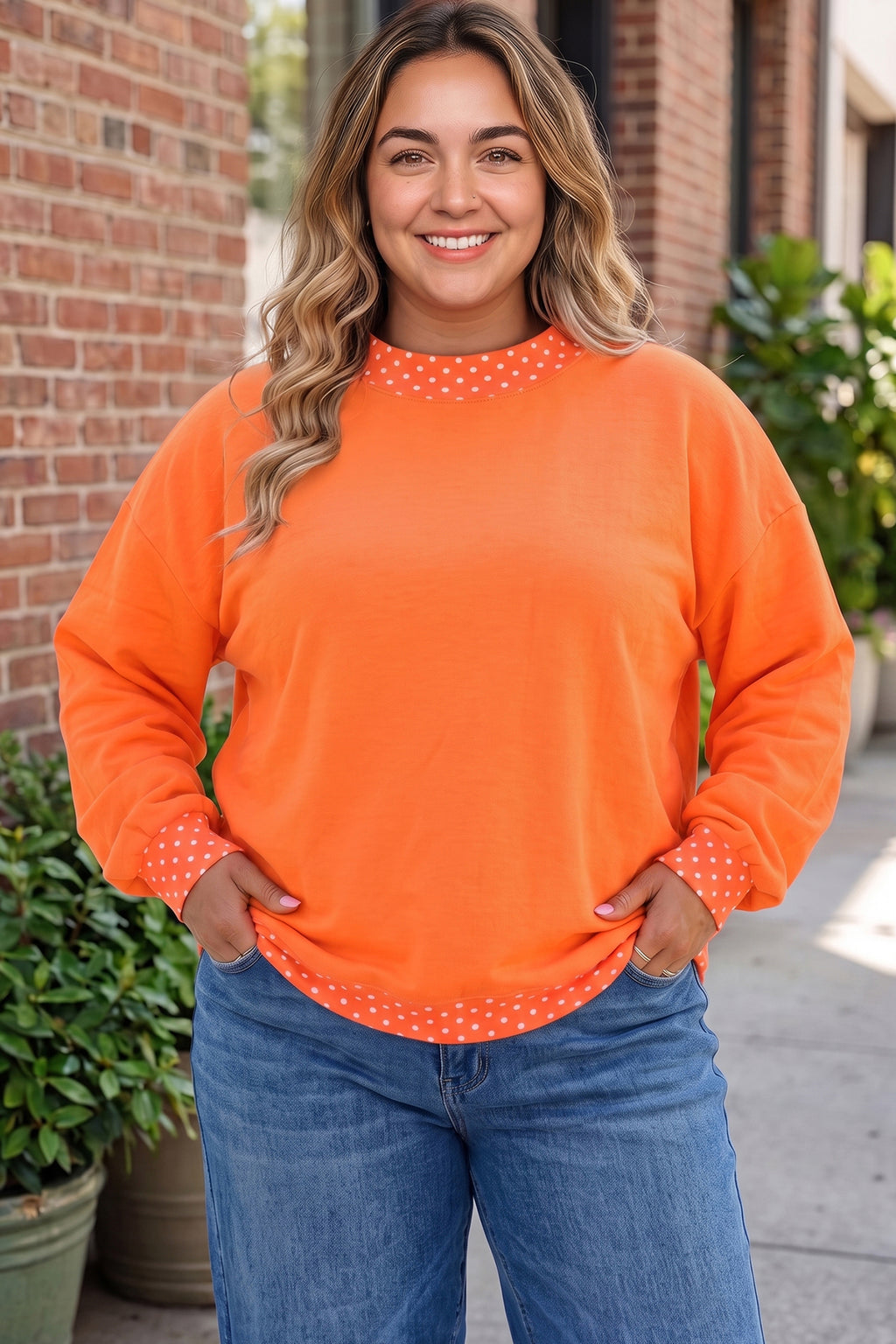 Orange Polka-Dot Patchwork Round-Neck Sweatshirt