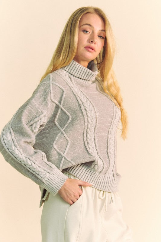 Hazel Blues® |  Davi & Dani Cable-Knit Turtleneck Dropped Shoulder Sweater