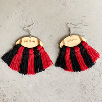 Hazel Blues® |  Fringe Detail Football Shape Wooden Dangle Earrings