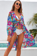 Hazel Blues® |  Printed Long Sleeve Tie Front Cover Up