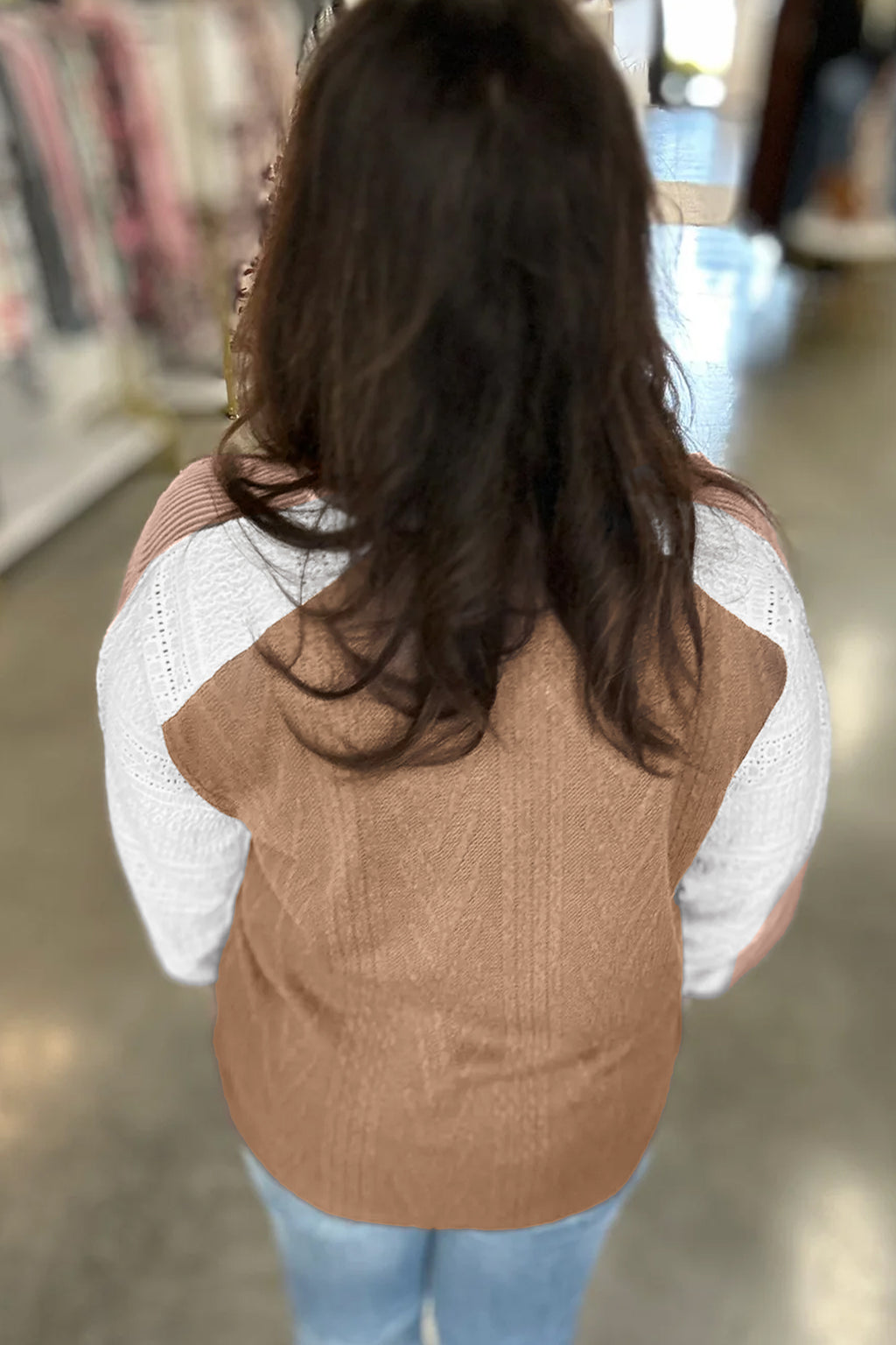 V-Neck Lace Sleeve Patchwork Blouse | Lace Patchwork V-Neck Blouse