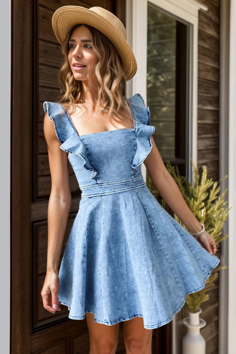 ruffle square neck mini dress Ruffle-Sleeve Square-Neck Mini Dress