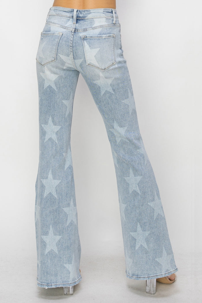 Hazel Blues® |  RISEN Mid Rise Button Fly Start Print Flare Jeans