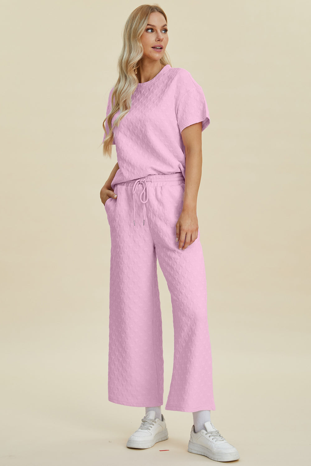 Hazel Blues® |  Double Take Texture Round Neck Short Sleeve Top and Pants Set