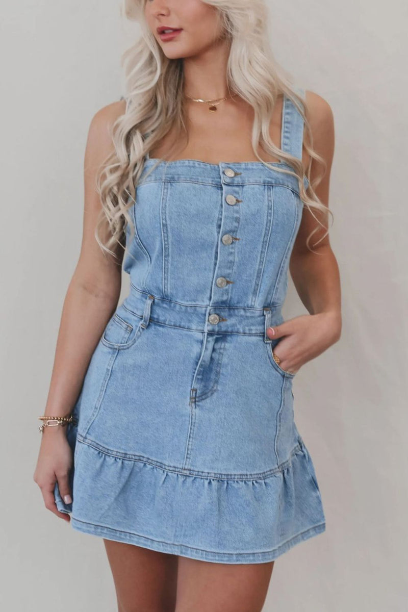 Hazel Blues | Ruffled Hem Button Front Square Neck Denim Dress