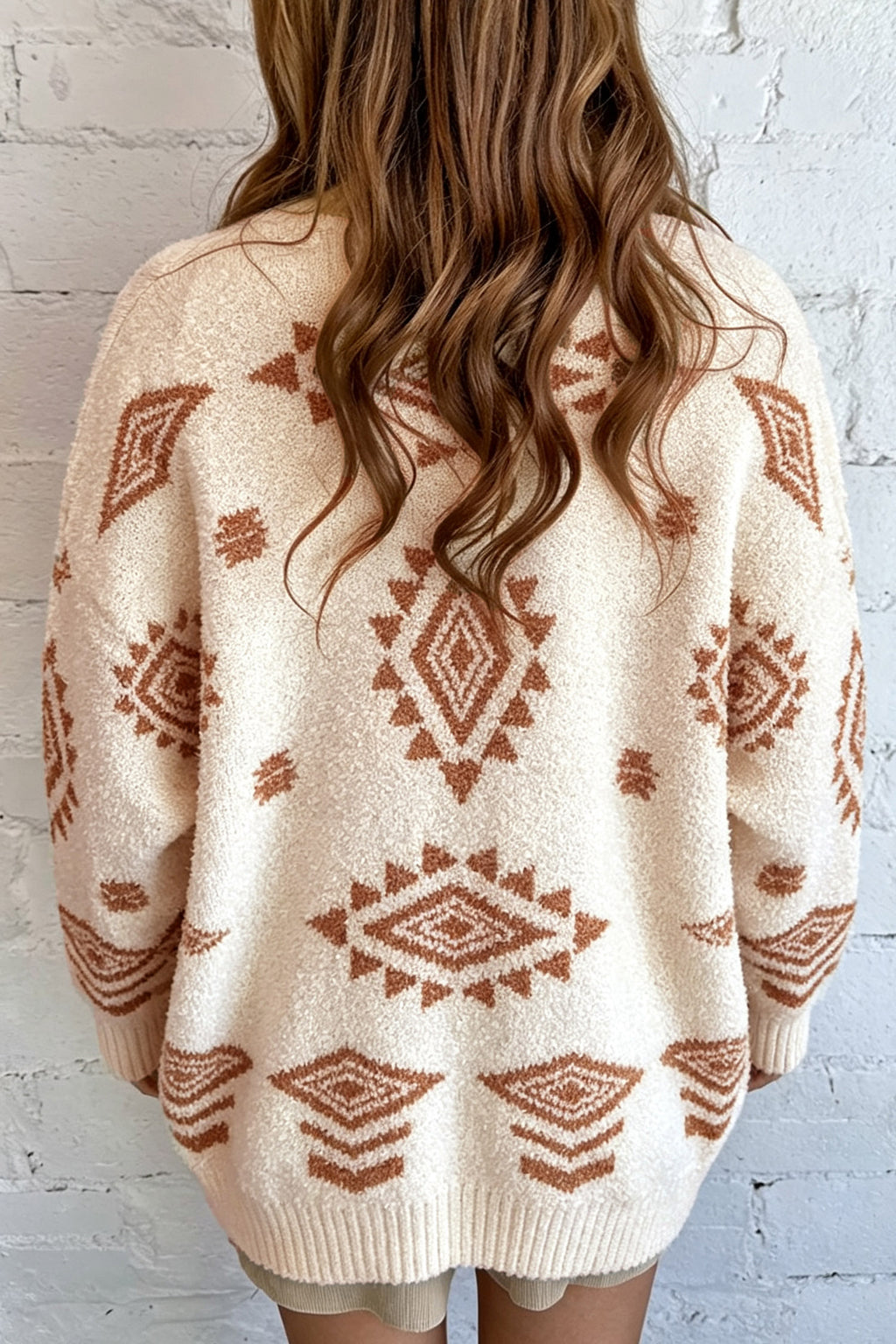 Mila Paige Oatmeal Aztec Open-Knit Cardigan
