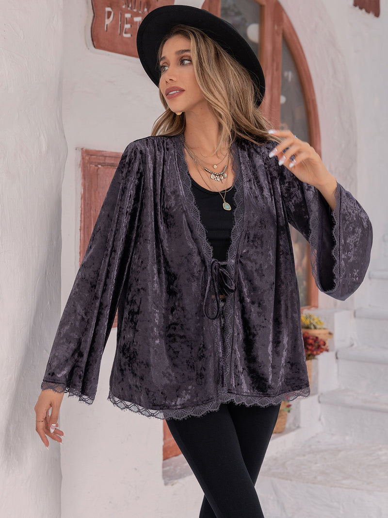 Hazel Blues® |  Tied Lace Detail Long Sleeve Cardigan