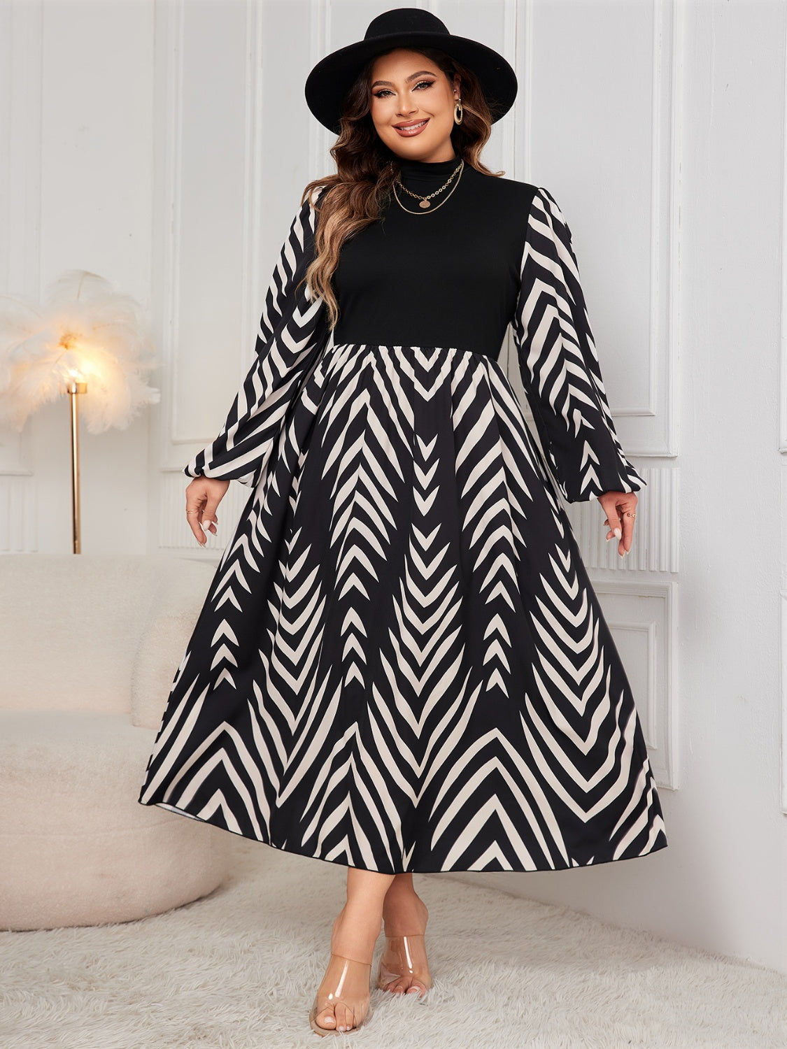 Hazel Blues® | Printed Mock Neck Long Sleeve Midi Dress