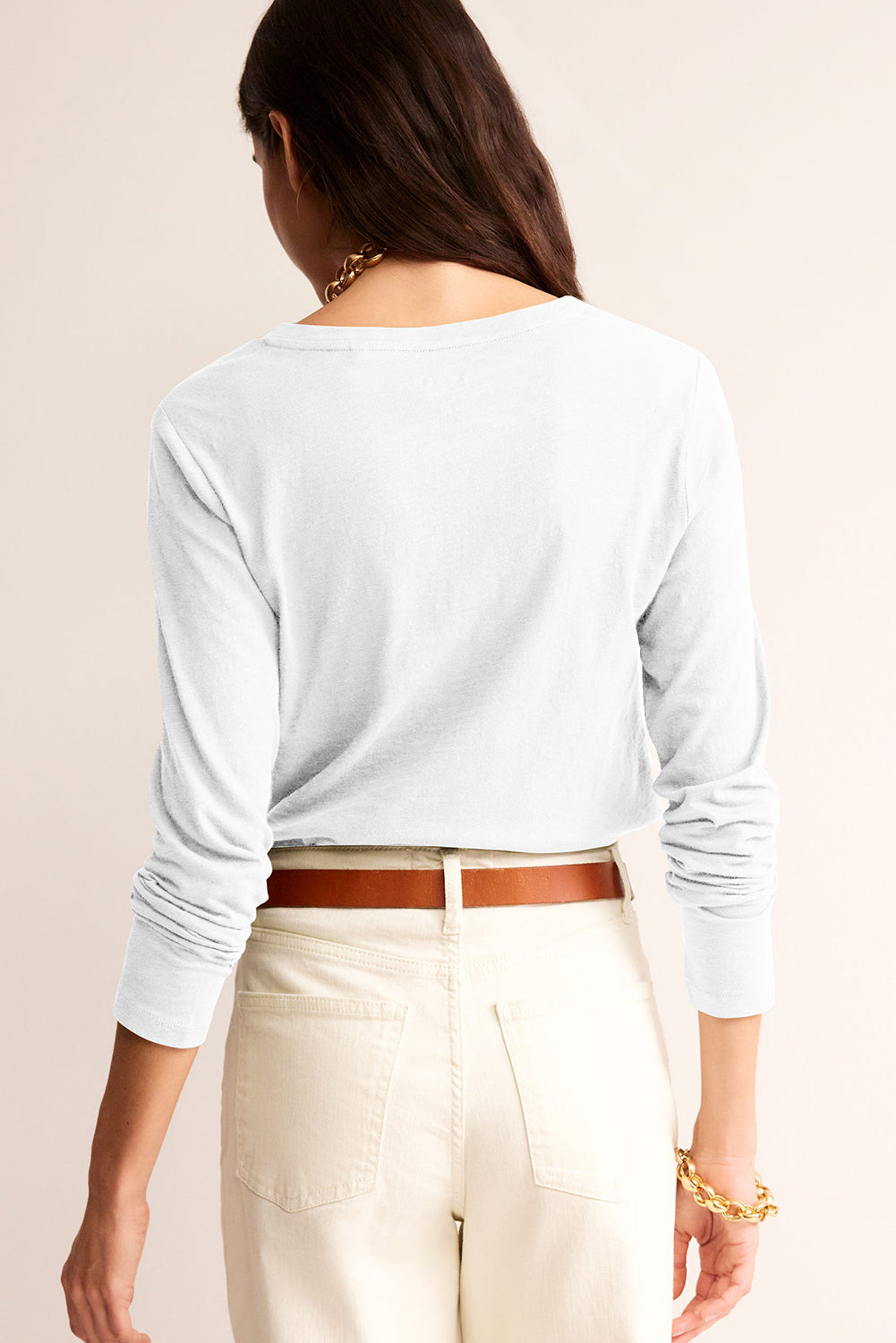 Hazel Blues® |  White Solid Color V Neck Long Sleeve Stretchy Top