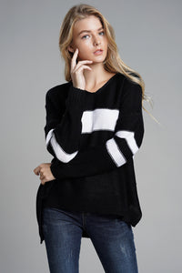 Hazel Blues® |  Slit Contrast V-Neck Long Sleeve Sweater