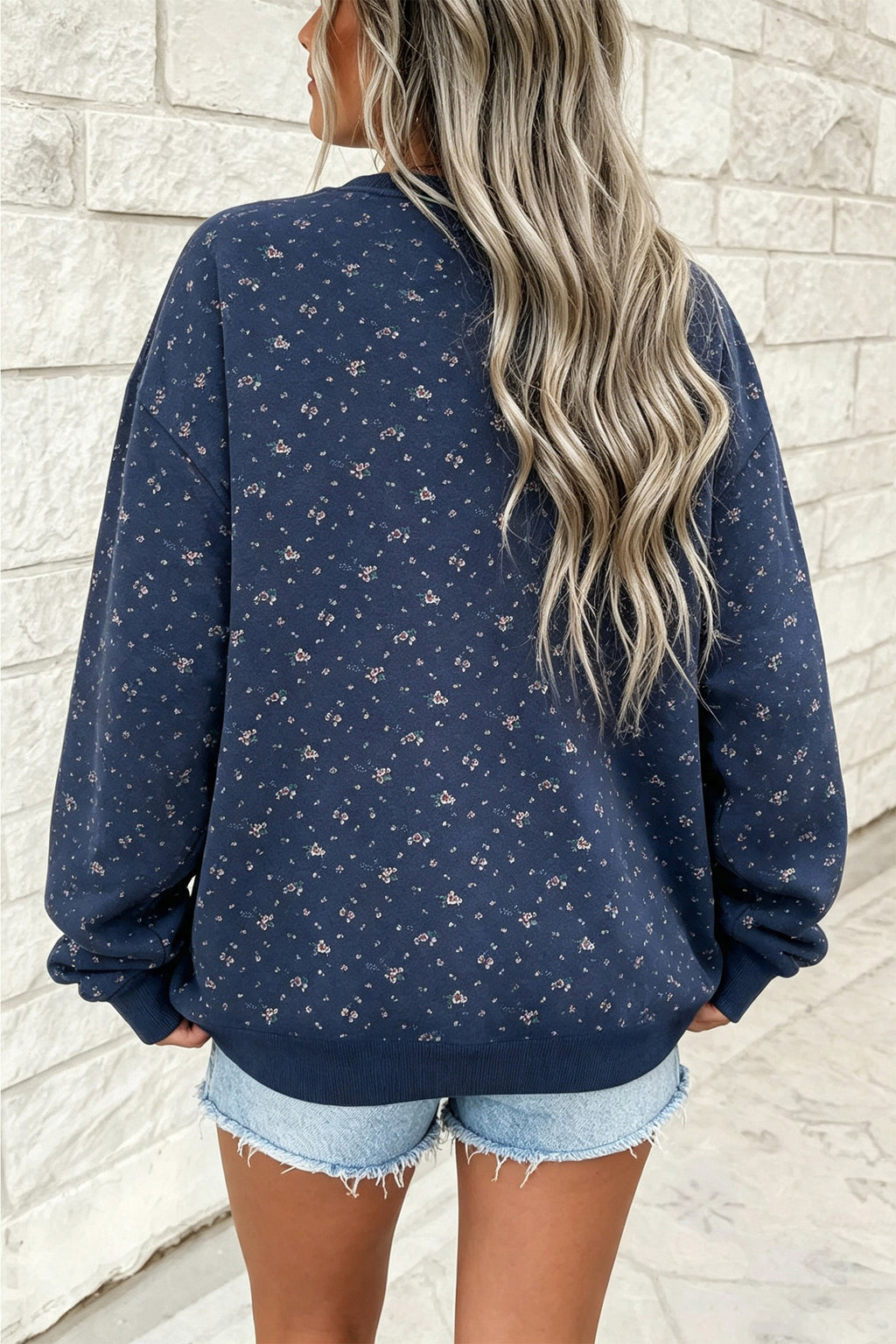 Blue Floral Drop-Shoulder Sweatshirt