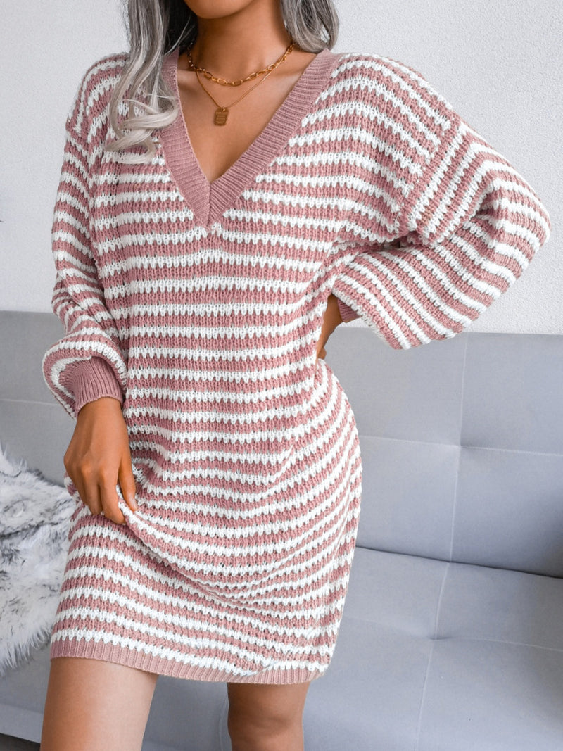 Hazel Blues® |  Striped V-Neck Long Sleeve Mini Sweater Dress