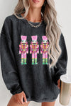 Hazel Blues® |  Black Christmas Sequined Nutcrackers Mineral Wash Corded Sweatshirt