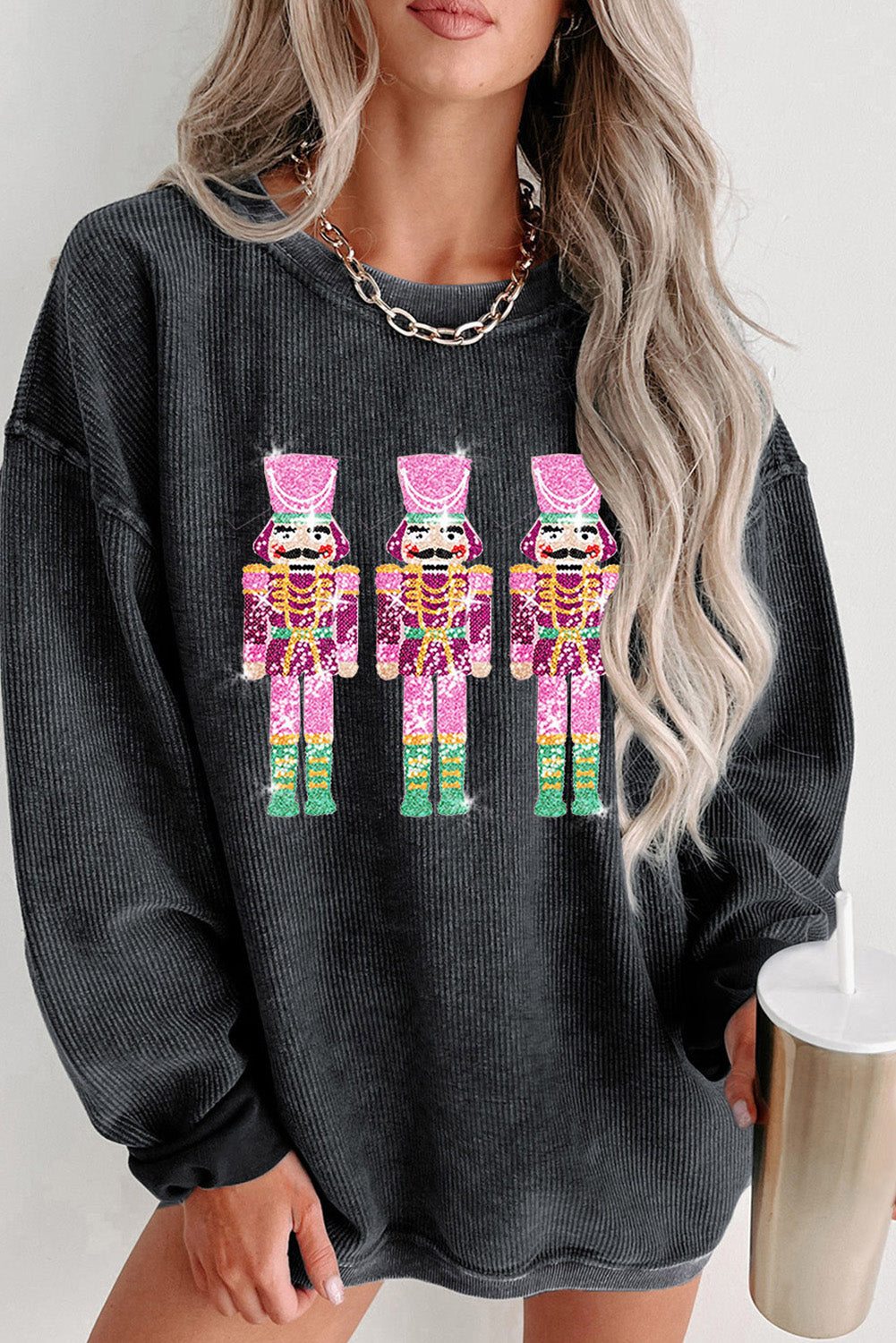 Hazel Blues® |  Black Christmas Sequined Nutcrackers Mineral Wash Corded Sweatshirt