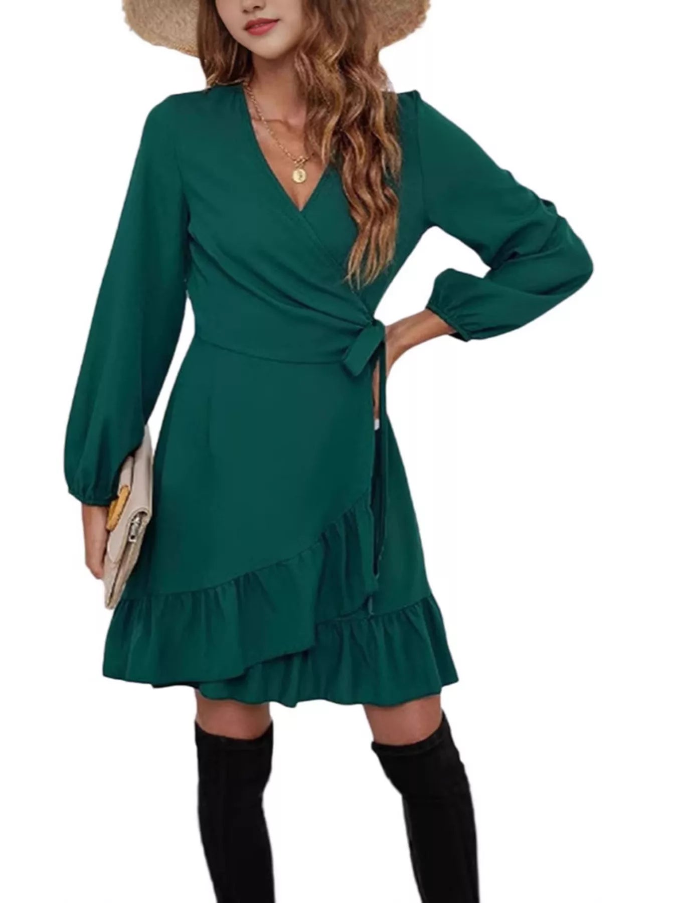 hazel wrap frill midi dress Ruffle Hem Long Sleeve Wrap Dress, Green / M