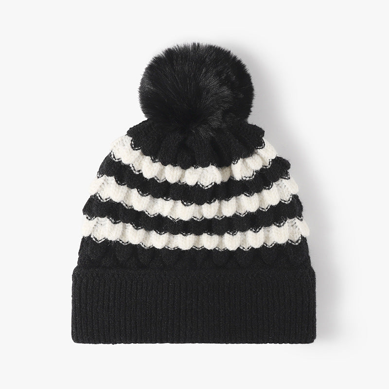 Hazel Blues® |  Striped Contrast Knit Hat with Pom-pom