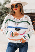 Hazel Blues® |  White Color Block Striped Pointelle Knit Sweater