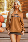 Hazel Blues® |  Chestnut Sequin Happy Halloween Graphic Notched Neck Long Sleeve Loose Top