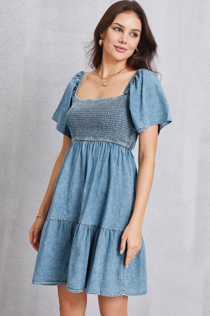 Hazel Blues® |  Smocked Square Neck Mini Denim Dress