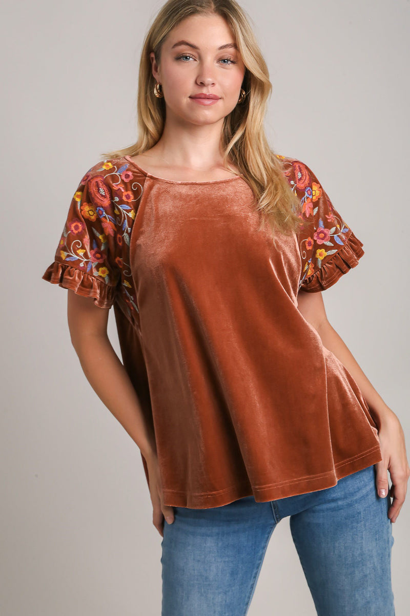 Hazel Blues® |  Umgee Velvet Embroidery Short Sleeve Blouse