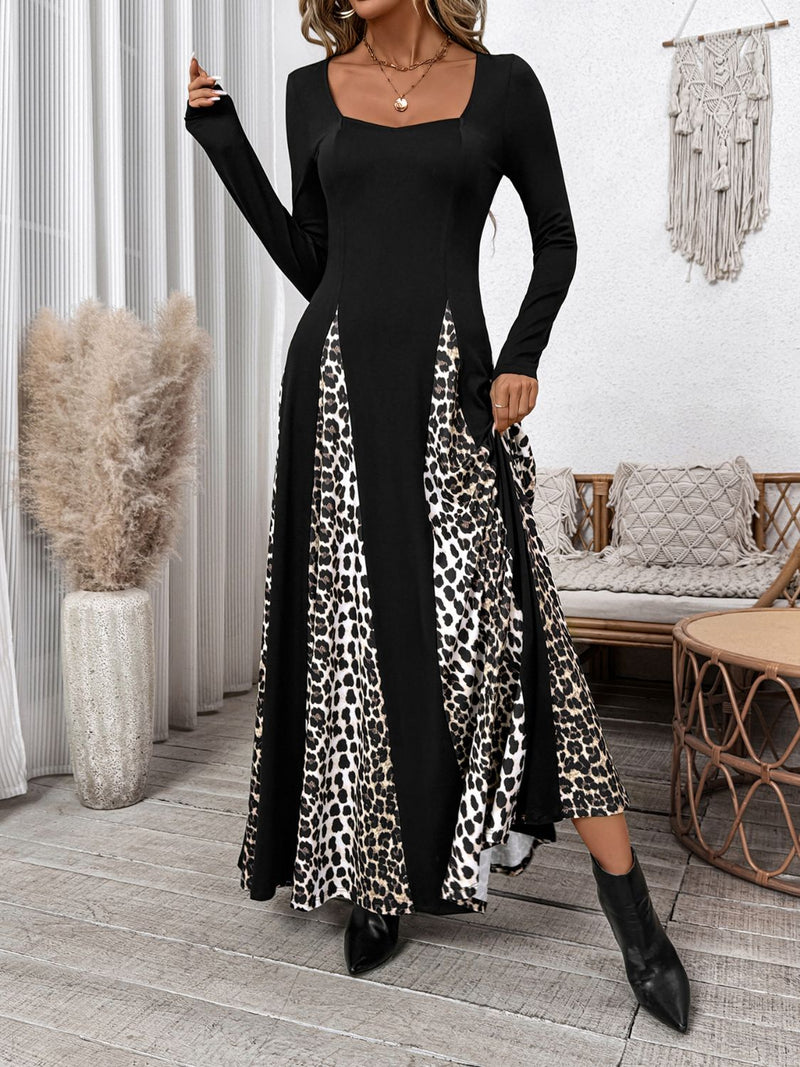 Hazel Blues® |  Perfee Leopard Square Neck Long Sleeve Maxi Dress