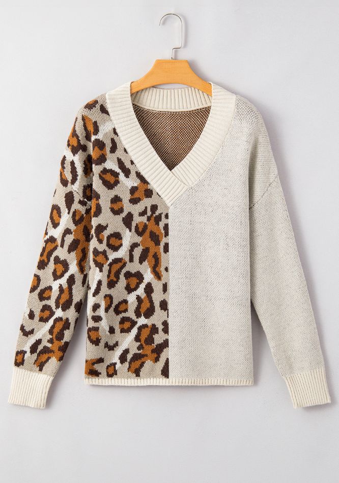 Hazel Blues® |  Leopard V Neck Drop Shoulder Sweater