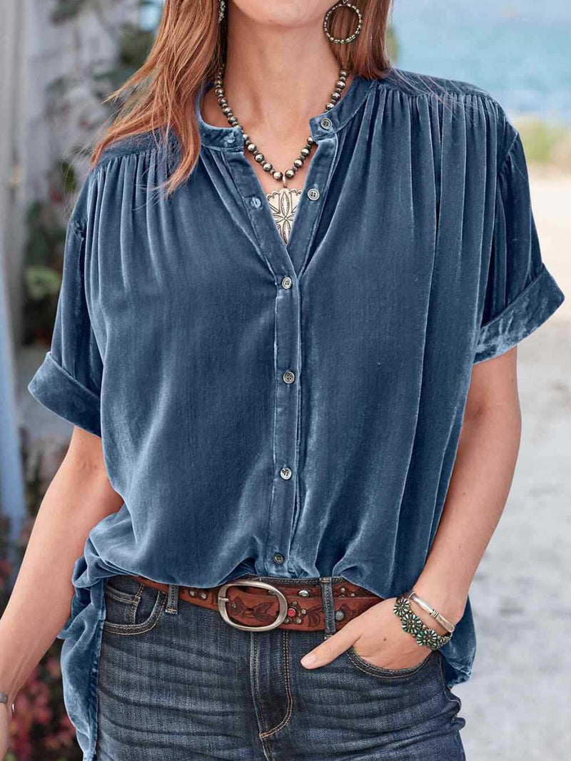 Hazel Blues® |  Ruched Round Neck Short Sleeve Shirt