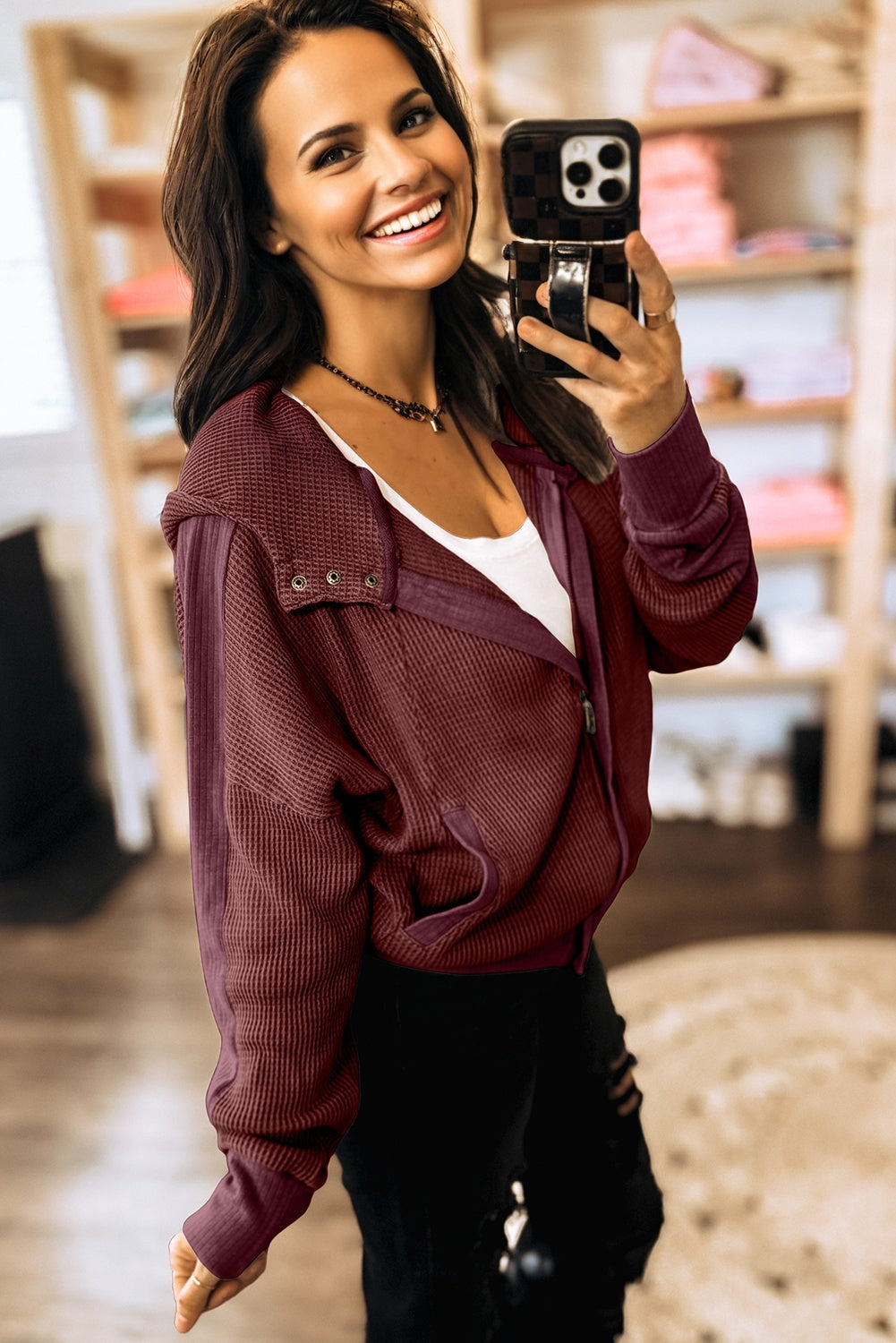 Burgundy Waffle Splicing Zip-Up Front Button Hooded Jacket
