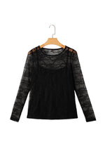 Hazel Blues® |  Black Lace Crochet Mesh Patched Slim Fit Long Sleeve Top