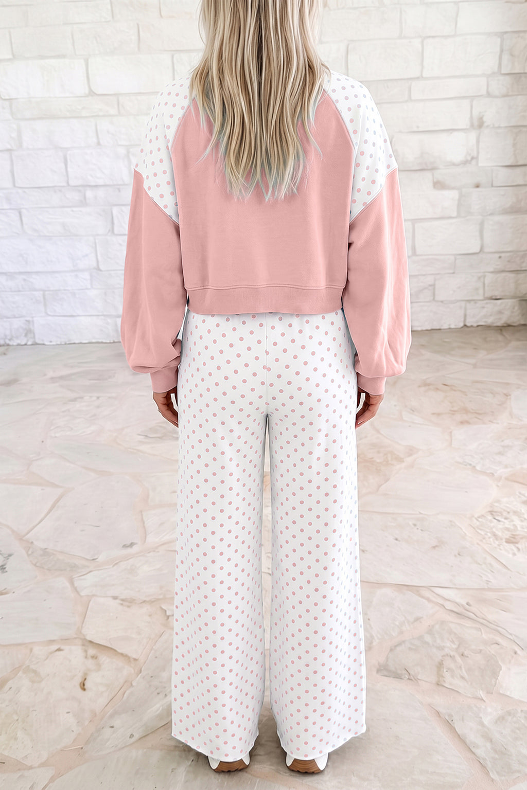 Pink Polka Dot Patchwork Colorblock Long Sleeve Casual Two Piece Pants Set