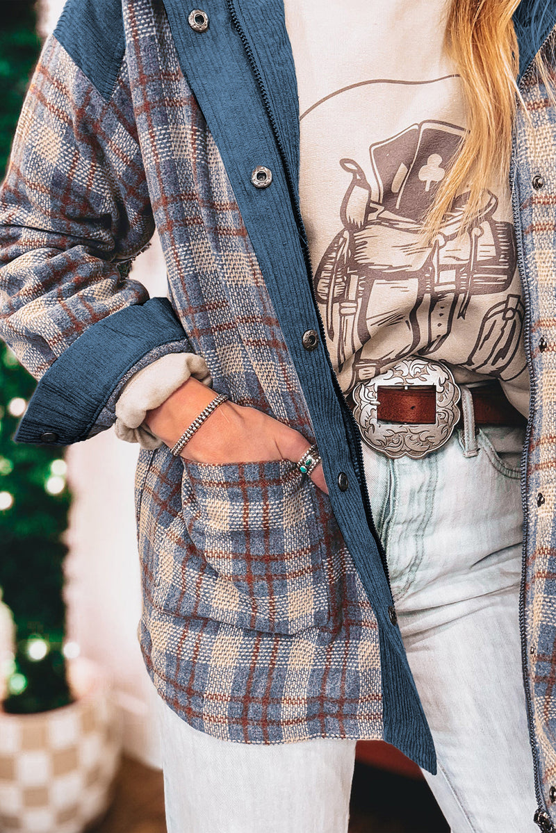 Hazel Blues® |  Gray Plaid Corduroy Patchwork Collared Zip Up Snap Button Jacket