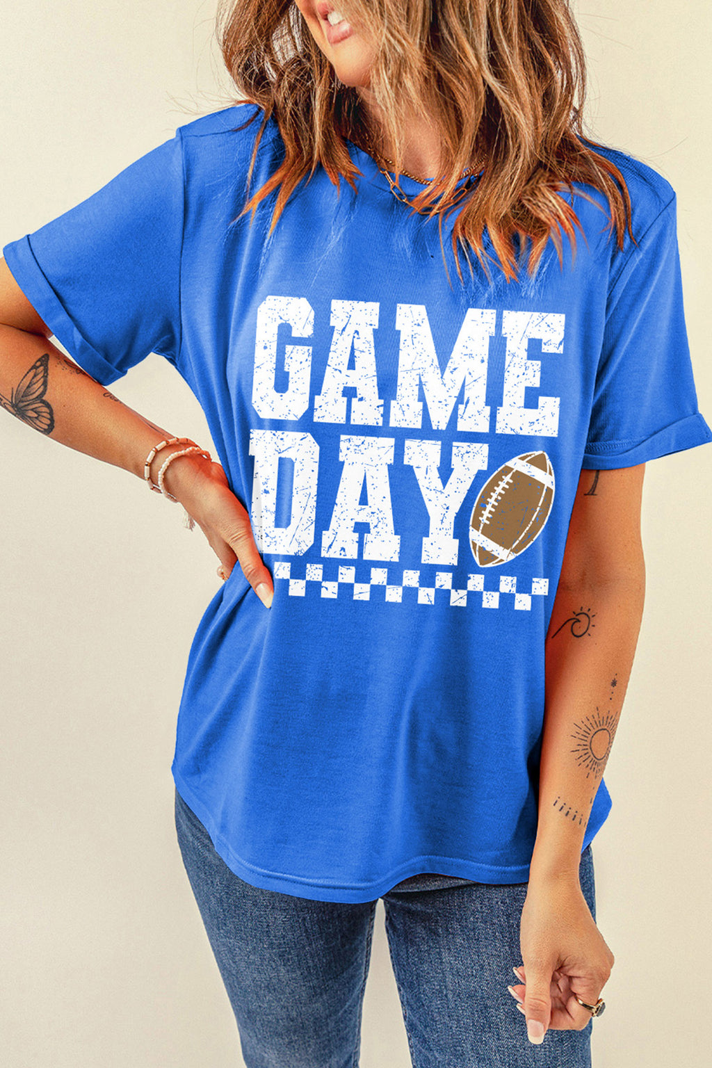 Dark Blue GAME DAY Checkered Print Rugby Graphic T-Shirt